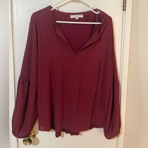 LOFT maroon balloon sleeve mixed media blouse size XL